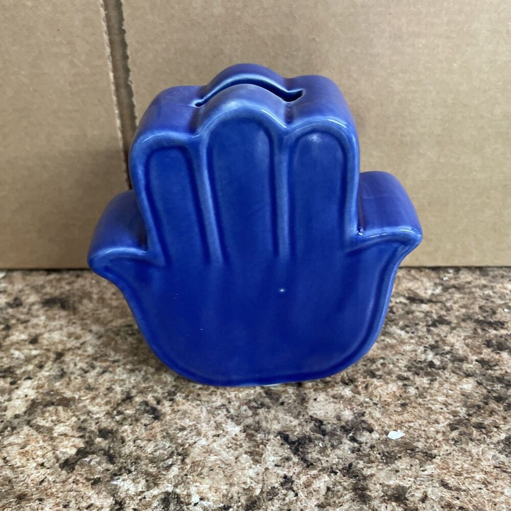 Hamsa Hand Shaped Ceramic Coin‎ Bank Navy Blue Bohemian Style Art Deco 4.5" H